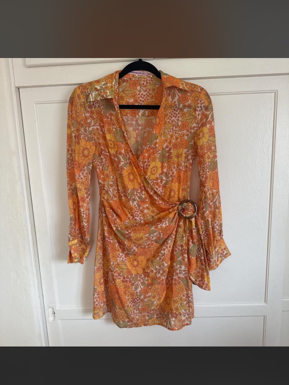 Floral Wrap Long-Sleeve Dress in Orange